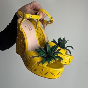 Kate Spade yellow leather pineapple wedge sandals with green pineapple detail